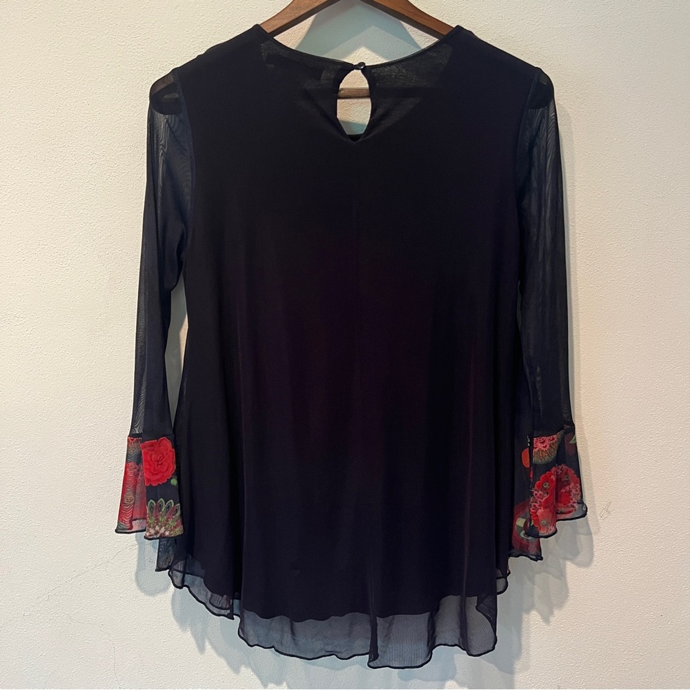 Desigual O’Hara Sheer Sleeve Floral and Rhinestone Hem Lined Flowy Blouse - Picture 10 of 11